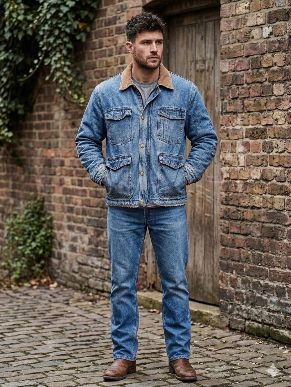 Vintage Wrangler Men's Blue Denim Jacket with Cord Collar And Sherpa Lining